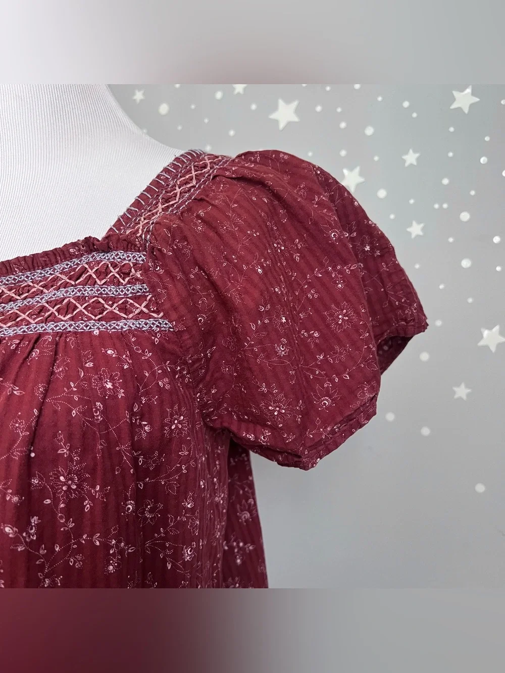 Madewell Square Neck Smocked Top XS Rusted Burgundy Floral Puff Sleeve Cotton